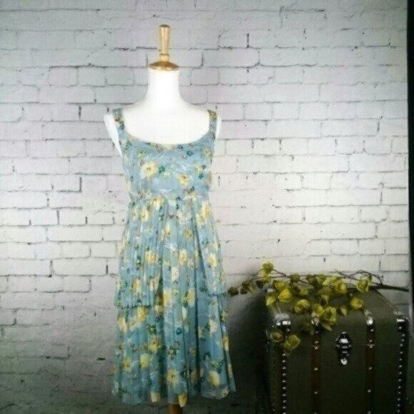 Vera Wang Lavender Label Floral Silk Sundress Blue Size 10 - Picture 1 of 6